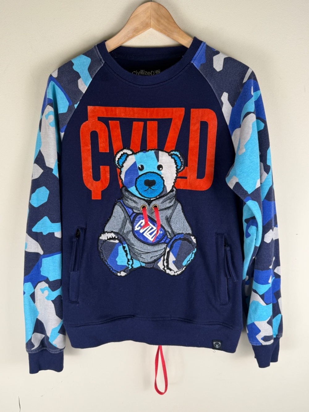 Civilized Brand Camo Teddy Bear Hoodie‎ Blue/Navy Size Medium Streetwear NOTES